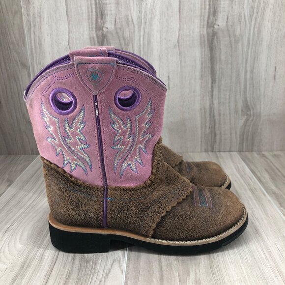 Ariat Fatbaby Boots Girls Kids Size 1 Brown Suede Slip On Cowboy Western - Picture 1 of 11